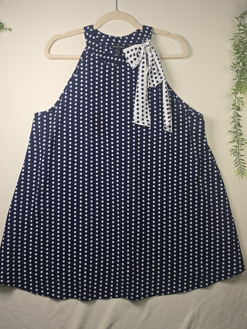 CHA CHA VENTE NAVY WHITE POLKA DOT HALTER ROUND NECK BOW TIE BLOUSE WOMENS XL